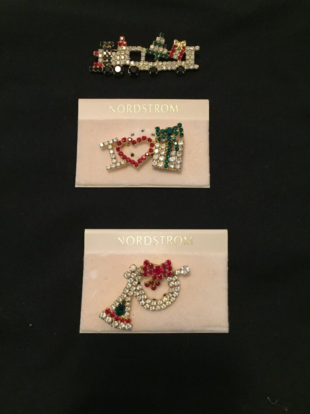 Vintage Christmas Rhinestone Pins Nordstrom Trumpet,  Train, I Heart Presents